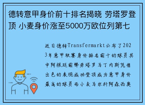 德转意甲身价前十排名揭晓 劳塔罗登顶 小麦身价涨至5000万欧位列第七